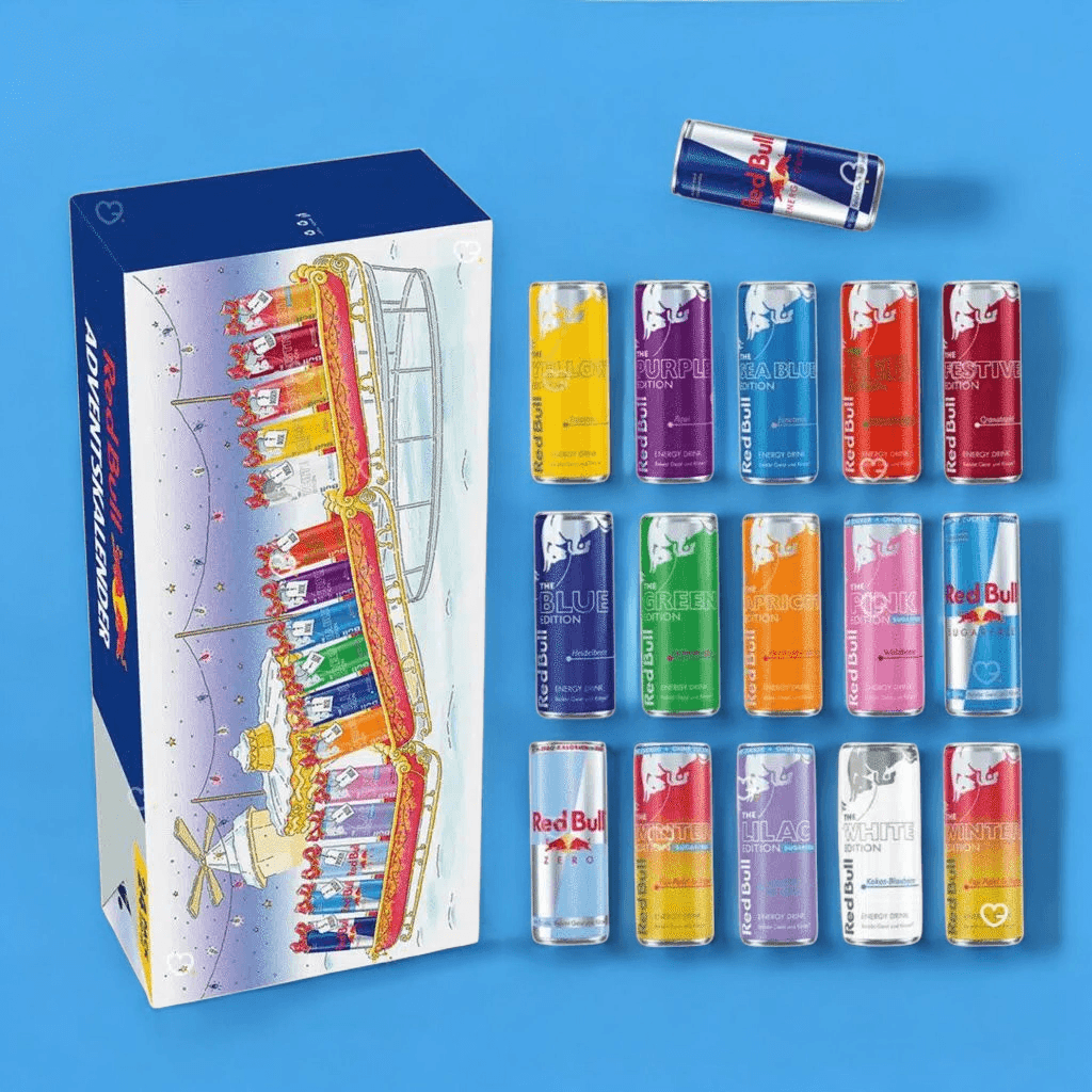 Red Bull Adventskalender 2025 mit 16 verschiedenen Geschmacksrichtungen, darunter Classic, Tropical und Winter Edition. Limitierte Geschenkbox mit 24 Dosen.