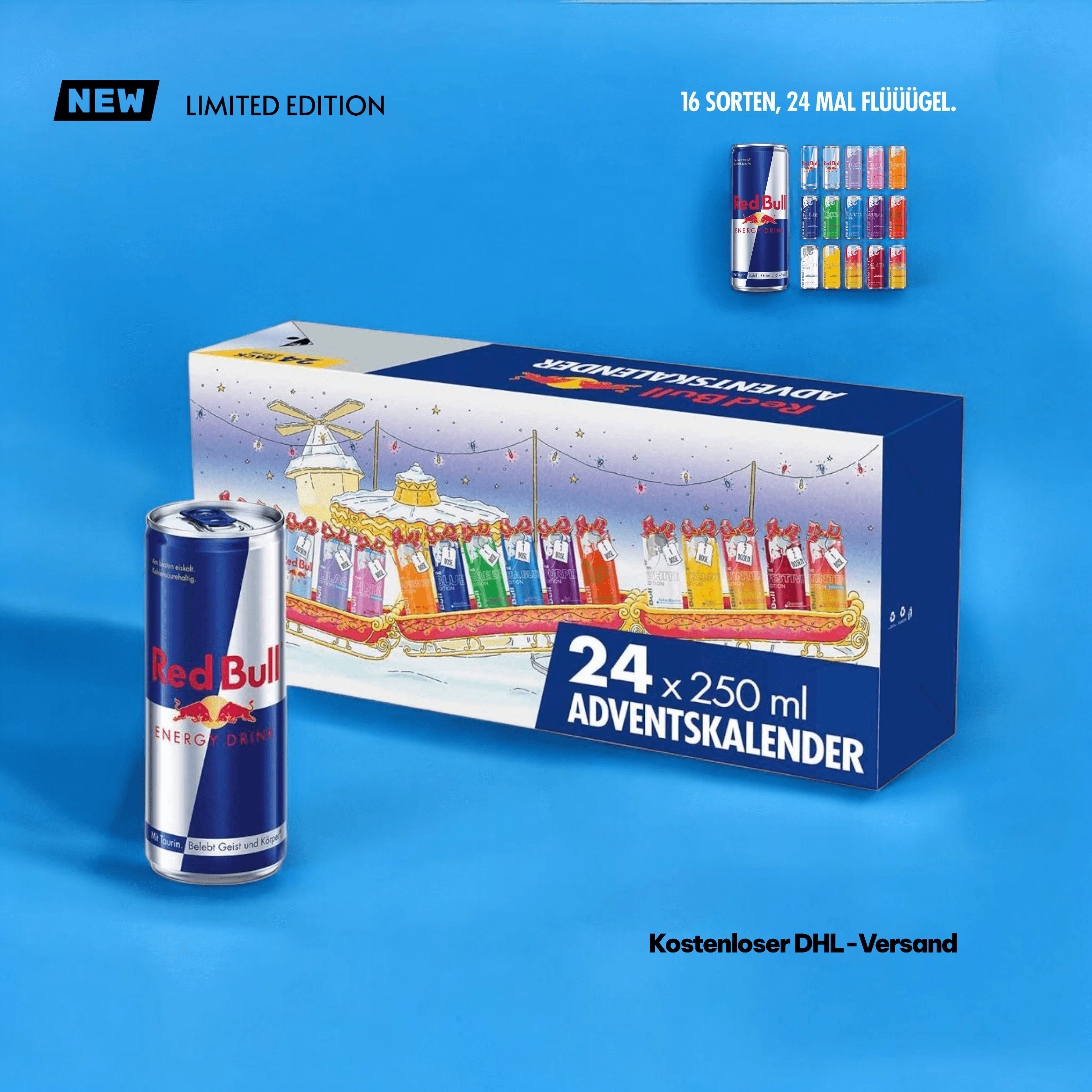 Red Bull Adventskalender 2025 mit 24 Dosen à 250 ml in limitierter Edition, ideal als Geschenk für die Vorweihnachtszeit. Enthält 16 Sorten Energy Drinks.