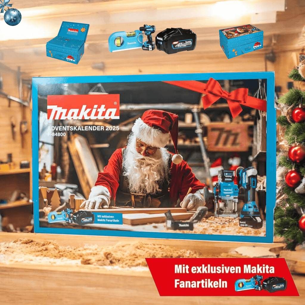 Makita Adventskalender 2025 kaufen - P-84800 Limited Edition mit Weihnachtsmann in Werkstatt, gefüllt mit Werkzeugen und Fanartikeln.