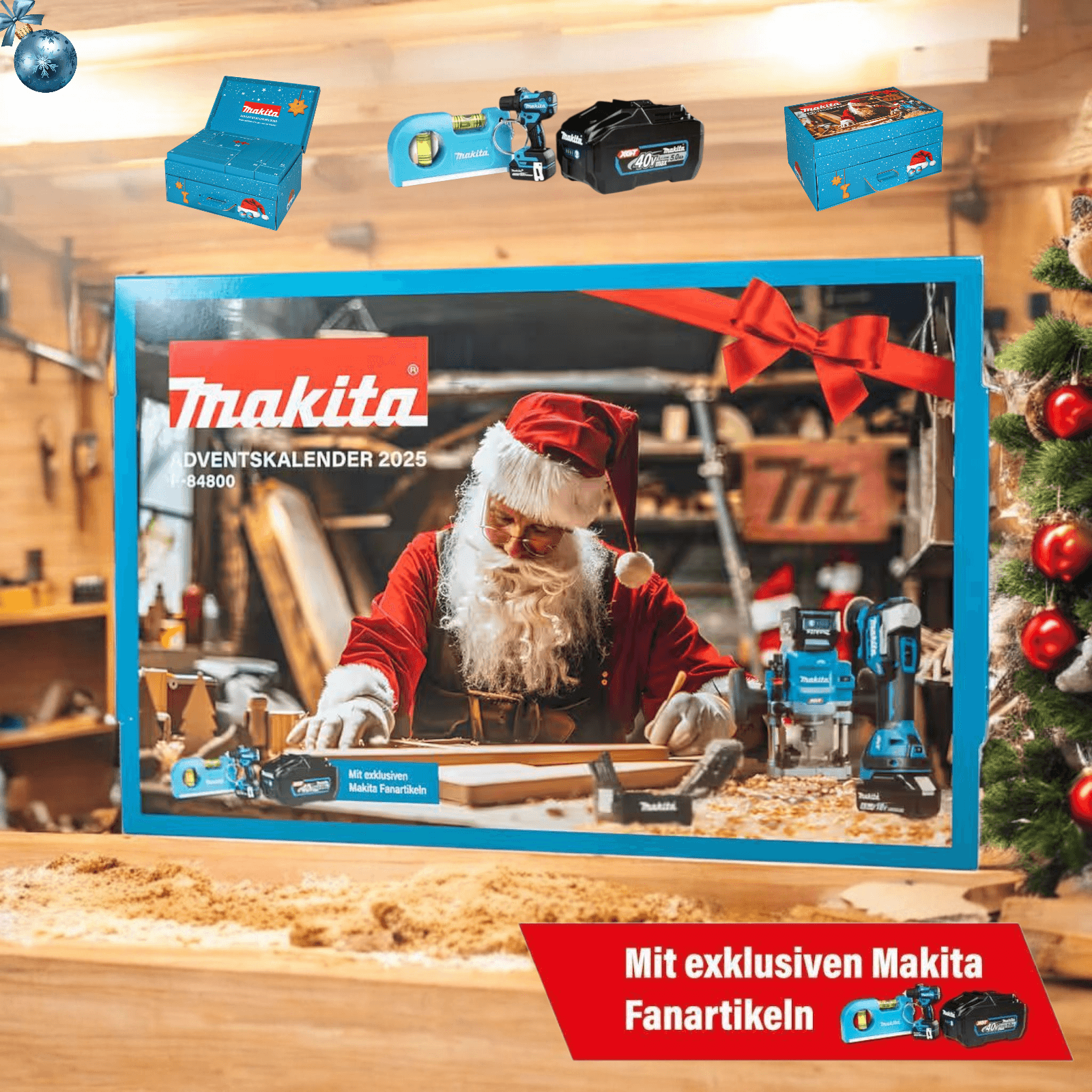 Makita Adventskalender 2025 kaufen - P-84800 Limited Edition mit Weihnachtsmann in Werkstatt, gefüllt mit Werkzeugen und Fanartikeln.
