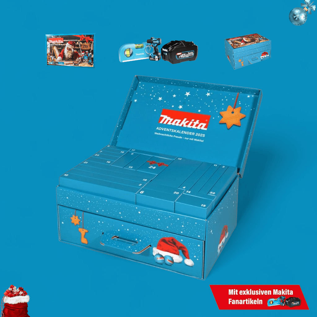 Makita Adventskalender 2025 kaufen - P-84800 Limited Edition geöffnet mit nummerierten Türchen und exklusiven Fanartikeln.