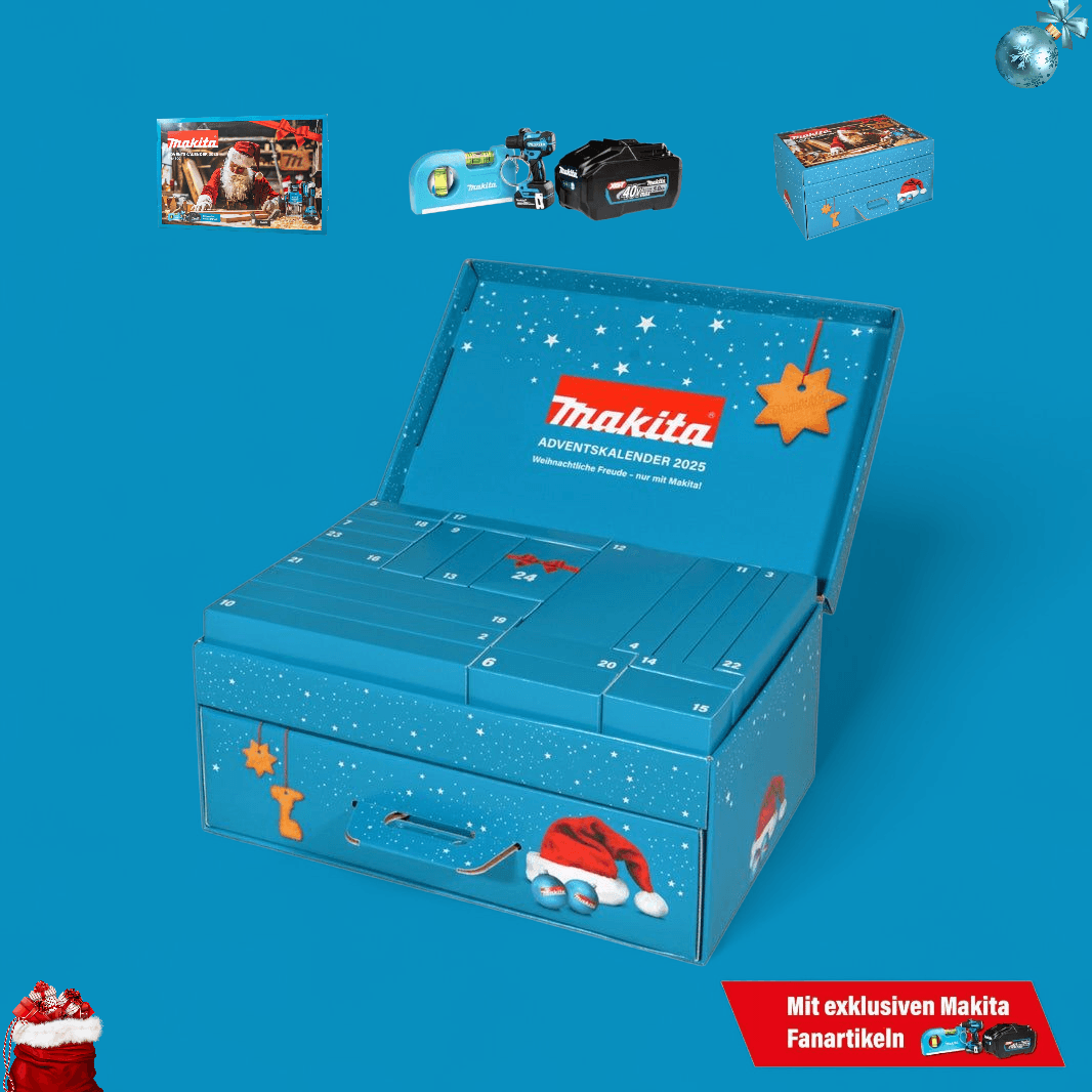 Makita Adventskalender 2025 kaufen - P-84800 Limited Edition geöffnet mit nummerierten Türchen und exklusiven Fanartikeln.