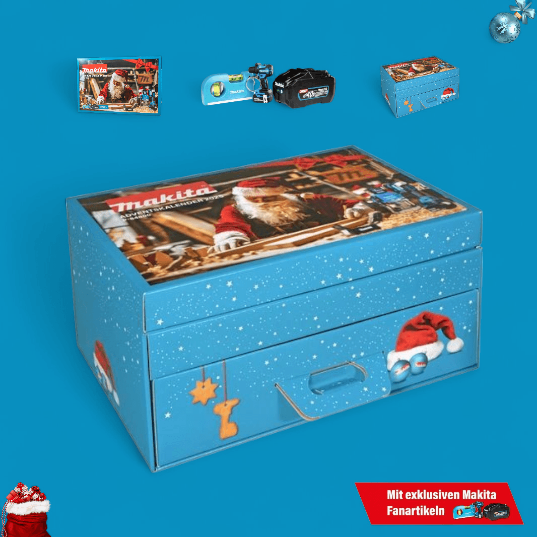 Makita Adventskalender 2025 kaufen - P-84800 Limited Edition in Geschenkbox mit Werkzeugmotiven und festlichem Design.