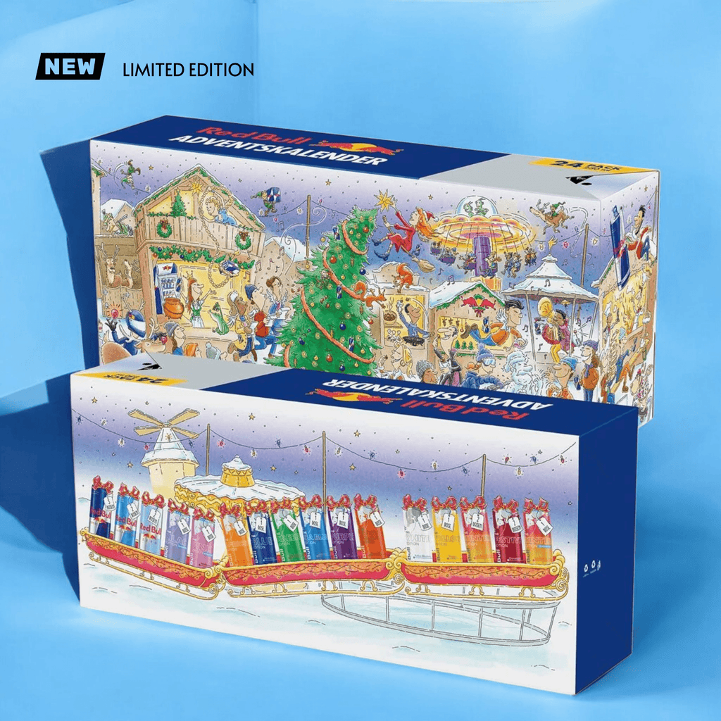Weihnachtlich gestalteter Red Bull Adventskalender 2025 mit 24 Energy Drink Dosen in bunter Verpackung. Perfekt für Fans von Energy Drinks.