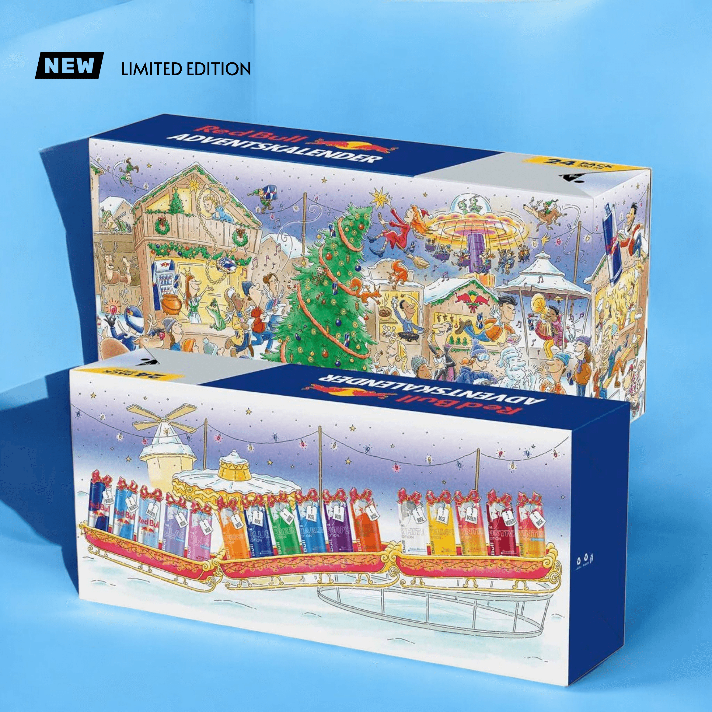 Weihnachtlich gestalteter Red Bull Adventskalender 2025 mit 24 Energy Drink Dosen in bunter Verpackung. Perfekt für Fans von Energy Drinks.