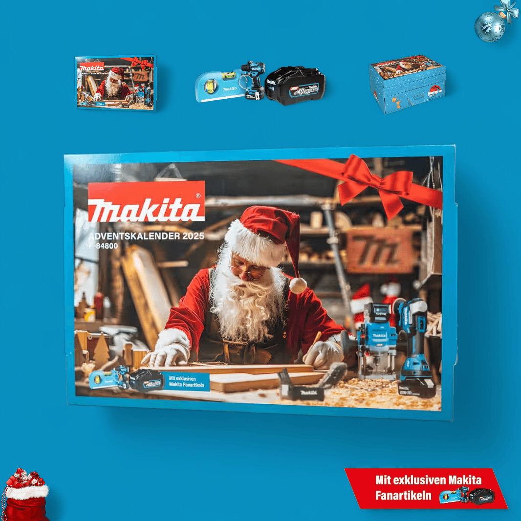 Makita Adventskalender 2025 kaufen - P-84800 Limited Edition mit Weihnachtsmann-Motiv und 24 Überraschungen für Handwerker.