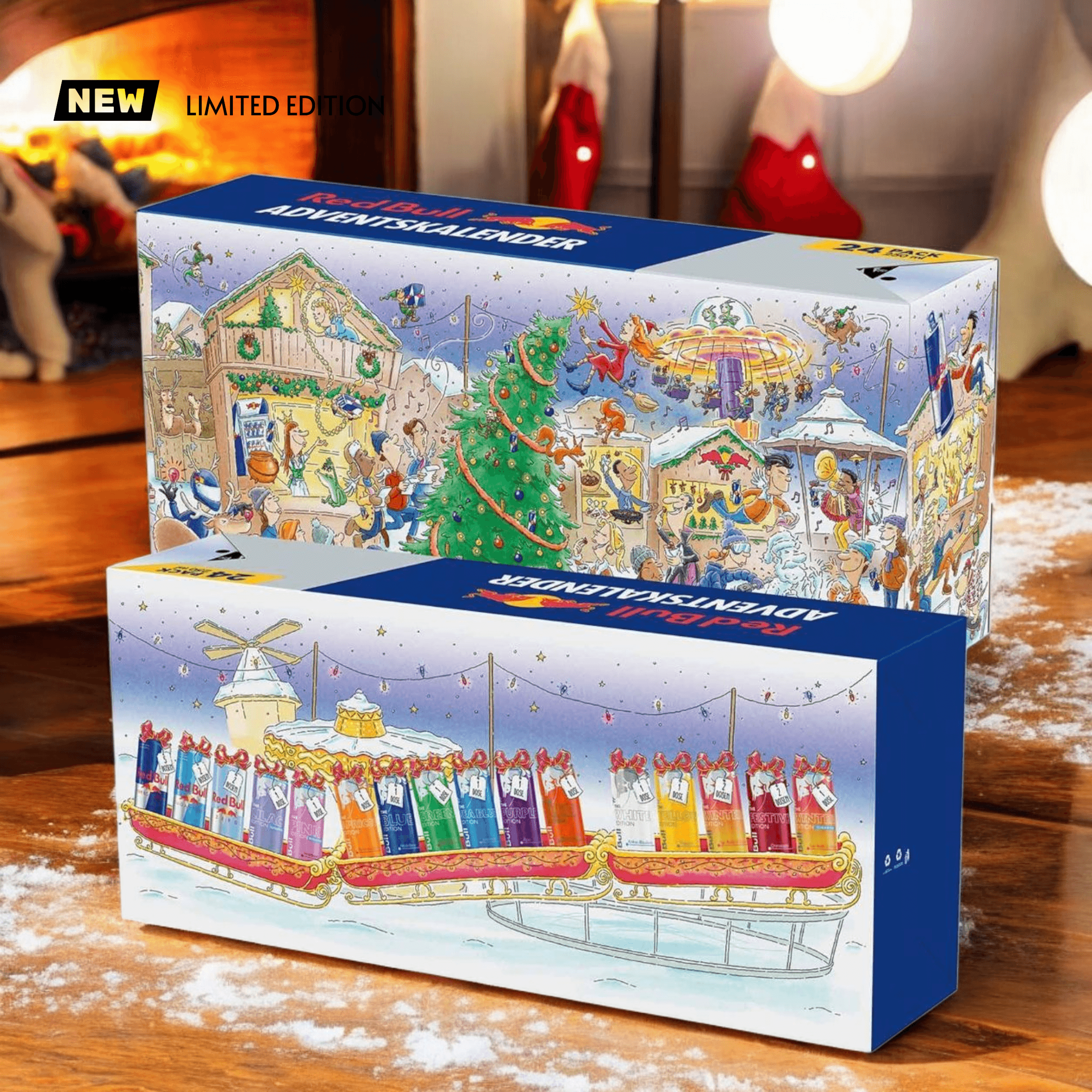 Red Bull Adventskalender 2025 mit festlicher Verpackung und 24 Energy Drink Dosen. Limitierte Edition mit 16 verschiedenen Sorten für die Weihnachtszeit.